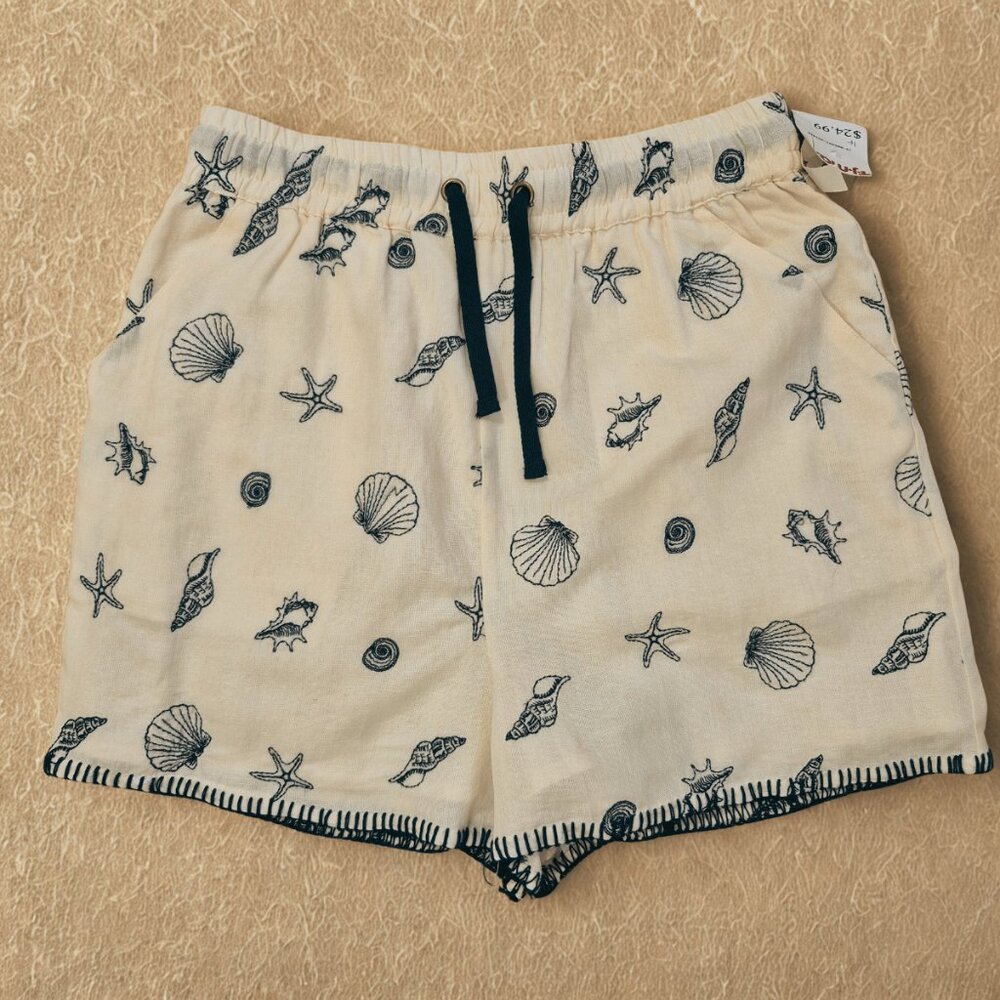 Women’s Beige Beach Shorts Medium – Embroidered, Elastic Waist, Unbranded